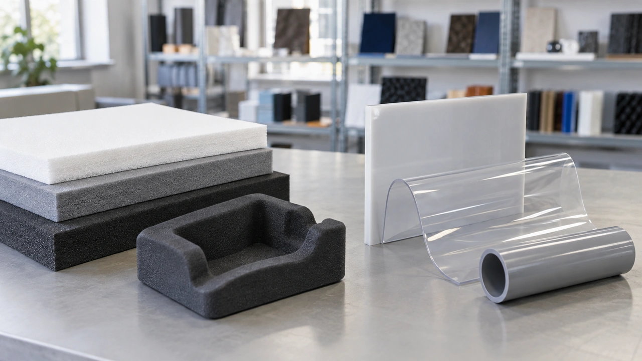 Des échantillons de mousse EVA à côté d'échantillons de PVC rigide et flexible