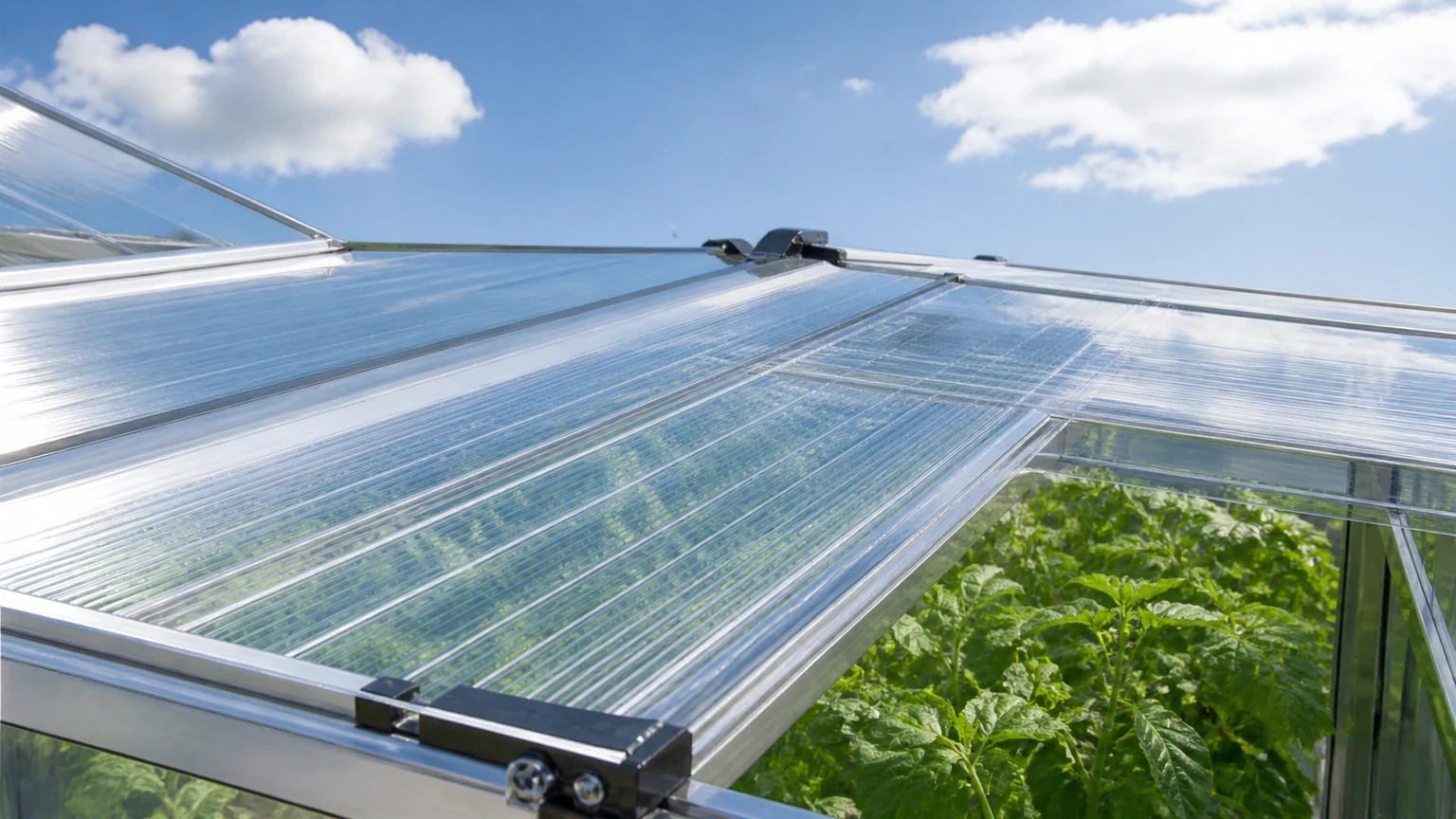 Plaque de polycarbonate transparent sur le toit d'une serre moderne, avec une transparence de surface visible.